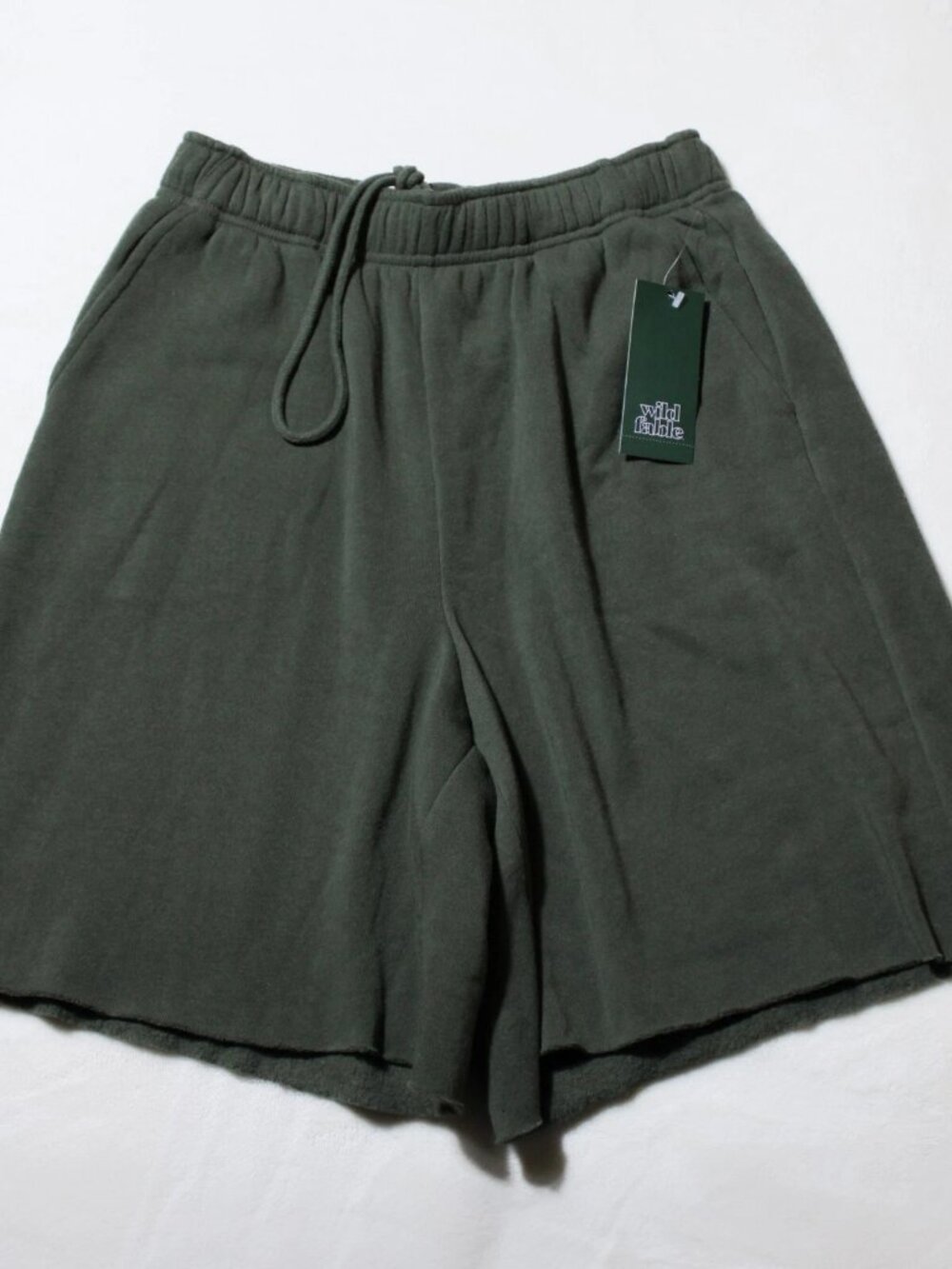 Wild Fable High Rise Pull On Drawstring Fleece Shorts Raw Hem Olive Green XS